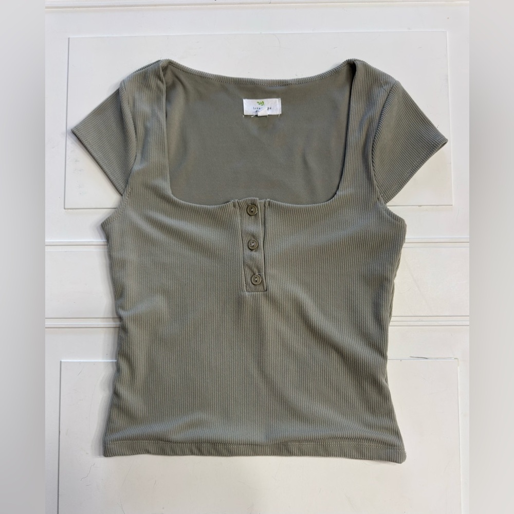 Live in the Moment Women’s Sz S Olive Green Square Neck Henley Ribbed Shirt Top - Picture 1 of 6